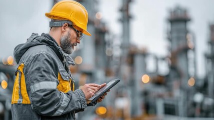 Construction worker in hard hat using tablet at industrial site in overcast weather, showcasing modern technology in engineering and safety practices - Powered by Adobe