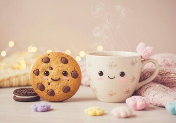 Cute Cookie Beside Hot Tea Cup, Warm. National Homemade Cookies Day