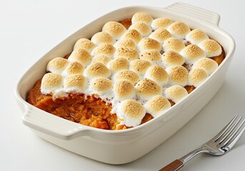Sweet Potato Casserole with Marshmallows on White Background 