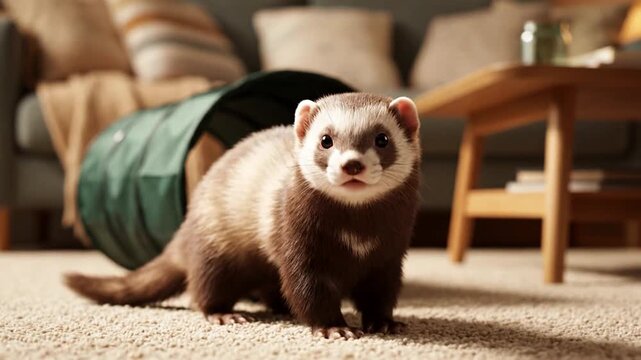 Close up of a playful brown and white pet ferret with a curious face peeking from a green tunnel on a soft living room carpet ready for fun indoors