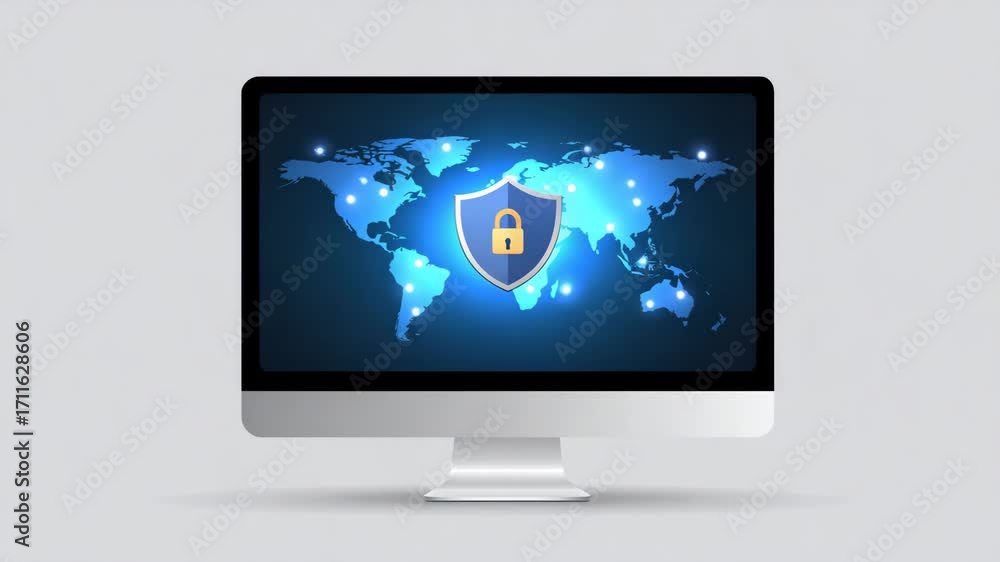 Poster a computer screen displays a digital lock symbol over a world map, emphasizing cybersecurity and glo