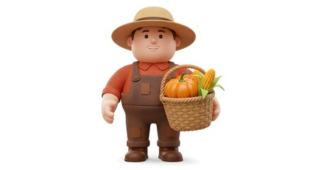 3d Cartoon Farmer with Corn Basket - Cute Thanksgiving illustration of historical figure holding fresh fruits and vegetables.
