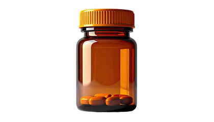 Amber glass bottle with orange cap filled with pills