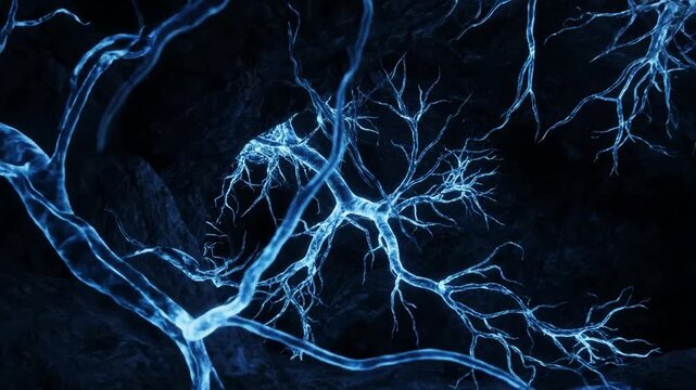 Hypnotic blue glowing neural network simulating brain synapse activity and data transfer representing advanced science technology and medical research