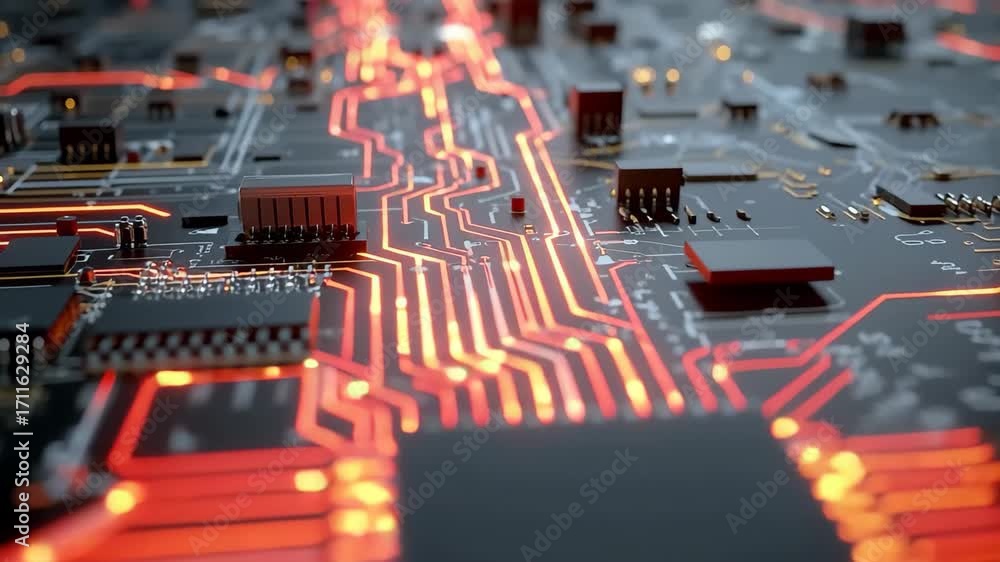 Poster exploring binary paths on silicon cpu with glowing circuit connections in a close-up animation