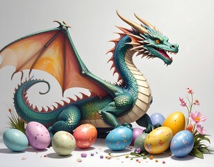 A colorful dragon surrounded by Easter eggs