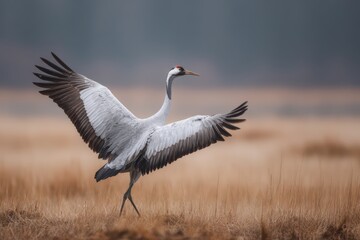 Obraz premium Graceful migratory crane captured mid-step across open meadow with subtle breeze lifting feathers perfect for environmental awareness and sustainable wildlife concepts
