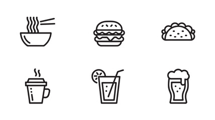 Line icons of popular food and drinks including ramen burger taco coffee lemonade and beer representing global cuisine and refreshment
