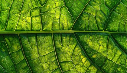 Closeup of a Green Leaf with Detailed Veins and Intricate Patterns illuminated by Bright Sunlight Macro Shot of Natural Texture with Organic Details