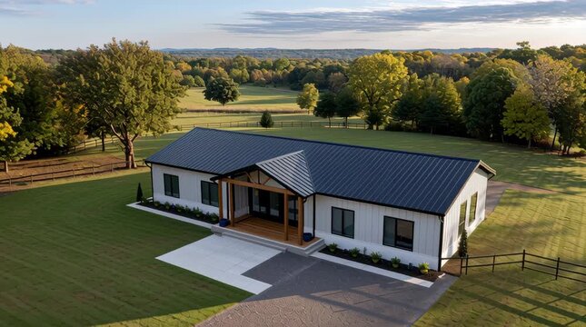 Modern barndominium farmhouse with black roof and white siding rural countryside homestead serene