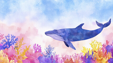 Fototapeta premium Serene watercolor illustration of whale swimming gracefully among vibrant coral reefs, showcasing beauty of marine life