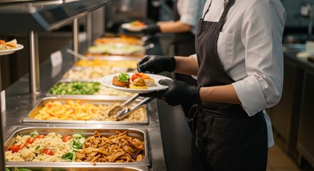 Canteen worker serves meal from diverse buffet selection with black gloves