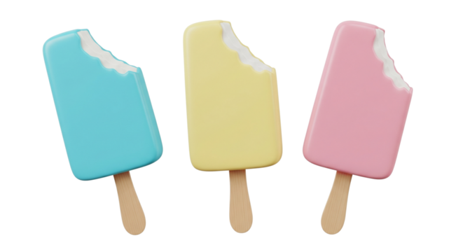 Three pastel-colored ice cream sticks isolated on a transparent background. Fun, symmetrical, and appetizing graphic illustration with bite marks, png. - Powered by Adobe