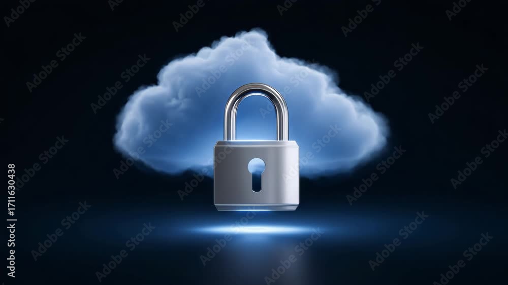 Poster a sleek digital padlock hovering over a cloud, symbolizing secure data storage and cloud computing s