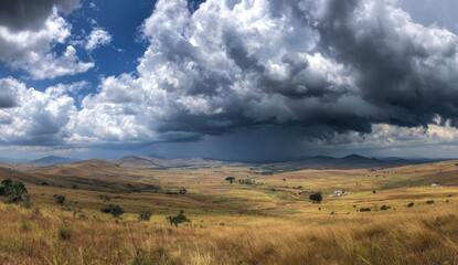 Fototapeta premium Vast savanna landscape under dramatic storm clouds