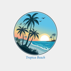 Tropical beach sunset logo with palm trees and ocean waves