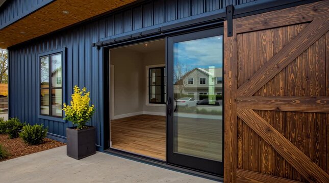 Modern barndominium exterior with sliding barn door, wood door, metal siding, patio, cozy entry