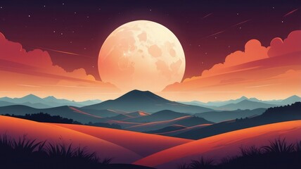 Fototapeta premium A giant, luminous moon dominates a serene nightscape over rolling hills and distant mountains.