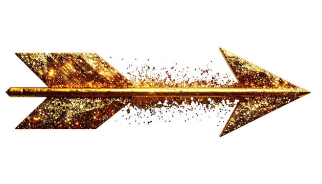 Golden arrow symbol bursting with particles