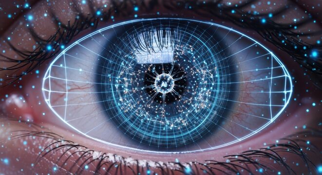 Futuristic Eye with Digital Grid Overlay and Sparkling Light Effects Close Up
