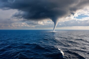 Majestic waterspout under stormy skies over open ocean