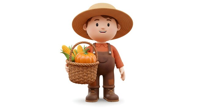 3D cartoon farmer character holding a harvest basket with pumpkin and corn on white background