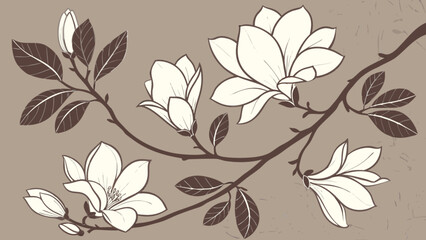 Illustration of a flowering branch with white magnolia blossoms and brown leaves on a beige background
