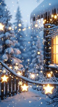 Snowy Christmas Scene with Cozy Cabin.