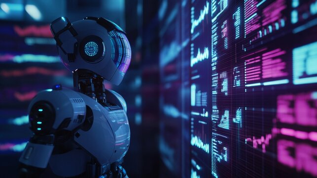 Crypto trading robot standing and analyzing the Forex trading graph, symbolizing the graph growth up and artificial intelligence for stock market analysis in the style of Vray