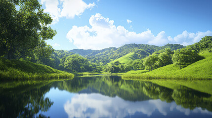 Serene landscape featuring lush green hills, tranquil water, and clear blue sky with fluffy clouds. reflection water enhances