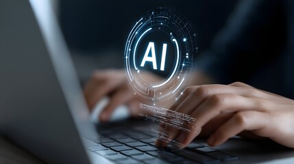 Hands typing on laptop keyboard with glowing AI interface representing artificial intelligence and futuristic innovation