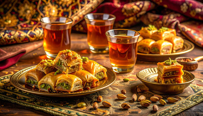 A plate of baklava, alongside glasses of tea, on a table with ornate textiles and pistachios.