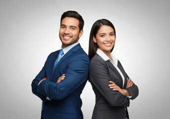 A professionally dressed man and woman stand side by side with their arms crossed against a plain background.