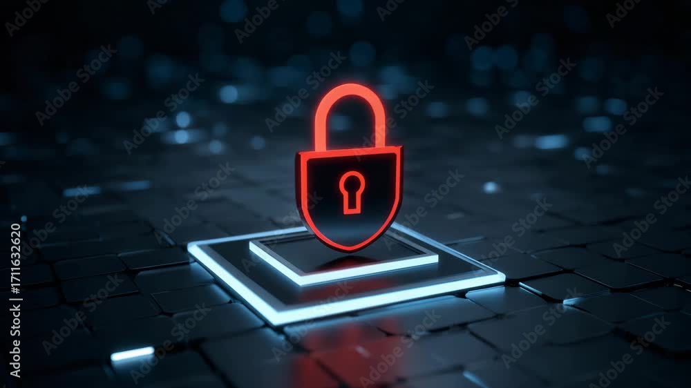 Poster a futuristic padlock symbol glowing in red on a digital circuit background, representing data securi