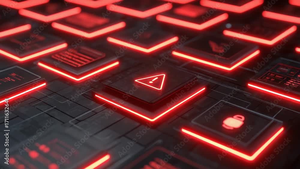 Poster close-up view of a modern keyboard with illuminated red keys, featuring warning symbols, showcasing 