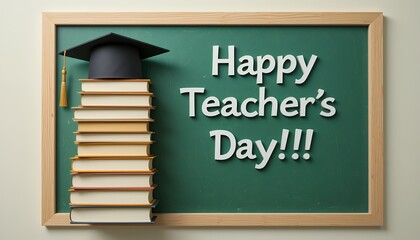 Celebration of teachers appreciated through books graduation cap and chalkboard greeting message