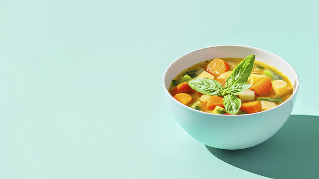 Fresh vegetable soup with vibrant colors and herbs, served in minimalist bowl, evokes sense of warmth and comfort - Powered by Adobe