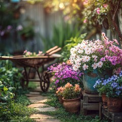 Beautiful Spring Garden Path With Flowers And Vintage Wheelbarrow