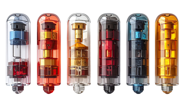 Colorful capsule-shaped objects, each containing a miniature city