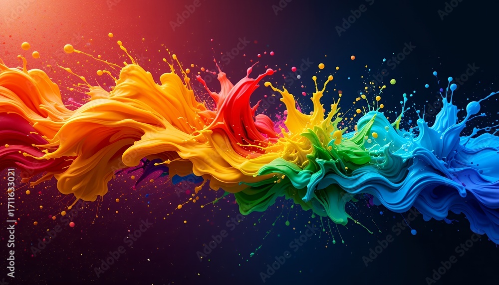 Poster dynamic flow of vibrant multicolored liquid paint creating an abstract splash movement