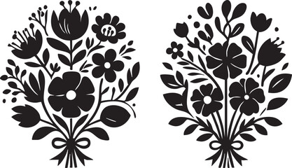 Black and white floral bouquet vector illustration - flowers, leaves, and ribbon design eps silhouette