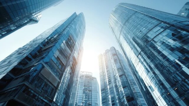 Cluster of tall office buildings showcasing modern architecture and glass facades under bright sunlight in an urban environment