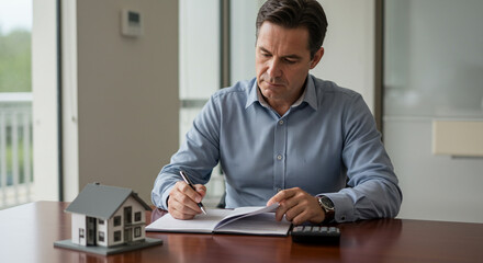 Professional man reviewing property documents with house model and calculator in modern office