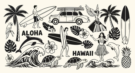 Hawaii travel illustration with surfers, waves, and tropical elements for vacation vibes