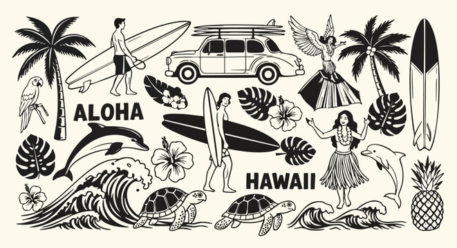 Hawaii travel illustration with surfers, waves, and tropical elements for vacation vibes