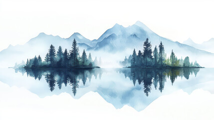 Obraz premium Tranquil watercolor landscape featuring mountains and evergreen trees reflected in calm water, evoking peace and serenity