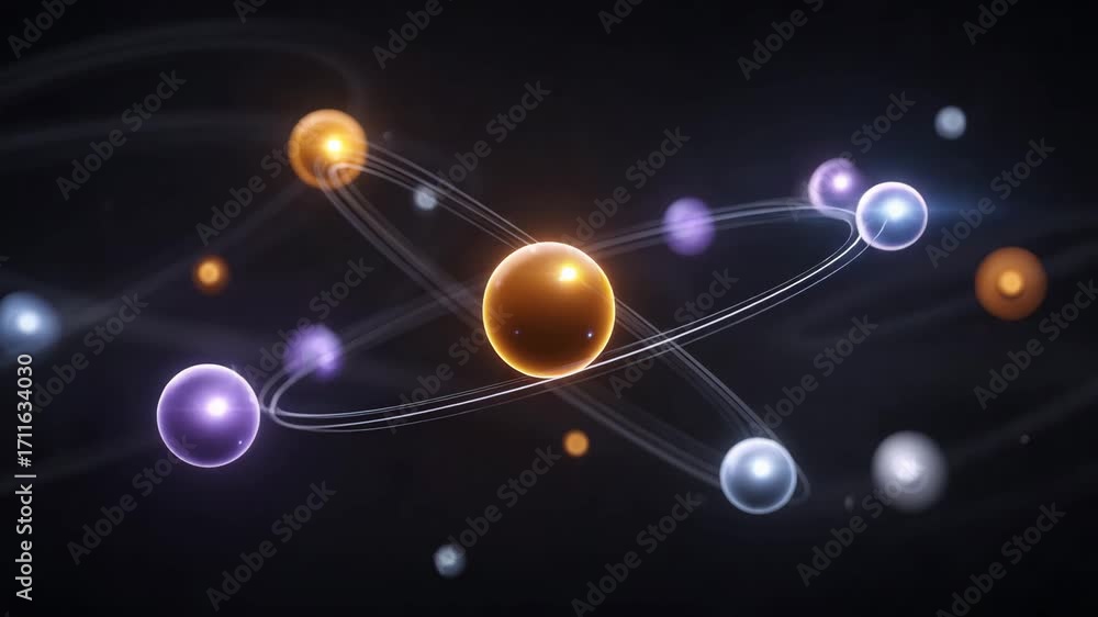 Poster an artistic representation of atomic structures showcasing the beauty of molecules and particles in 