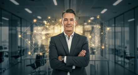 Confident businessman in sharp suit leading digital innovation network in modern office space