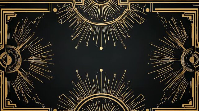 Ornate Art Deco Style Background with Golden Geometric Sunbursts and Frame on Black, Vintage Design Element