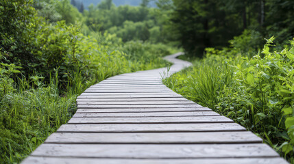 Winding wooden pathway leads through lush greenery, inviting exploration and tranquility in serene natural setting